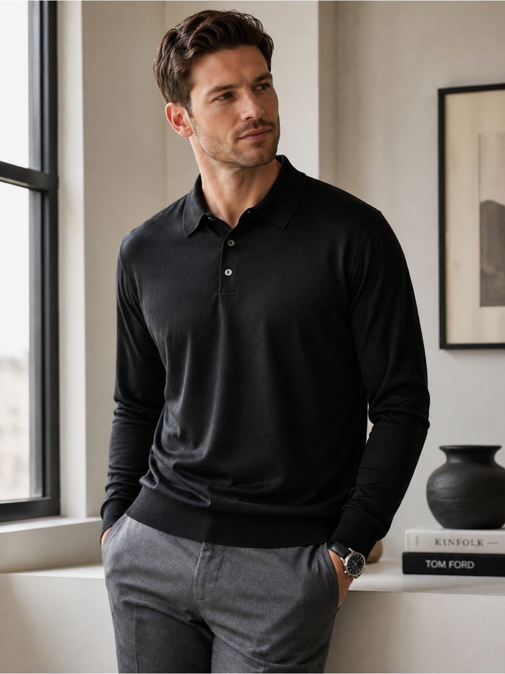 Anthology 100% Silk Black Long Sleeve Polo Men’s XL Luxury Knit